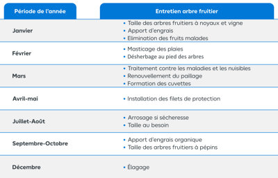 Tableau récapitulatif de l'entretien annuel des arbres fruitiers
