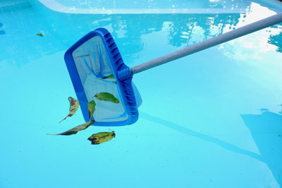image d'une epuisette ramassant les feuilles en surface de la piscine