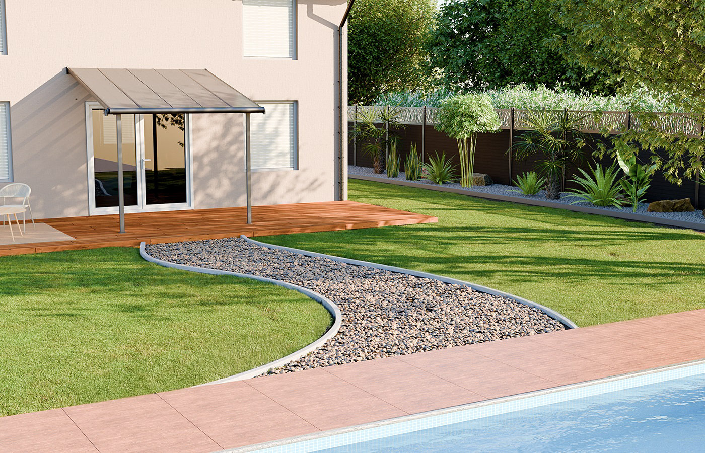 allée arrondi en cailloux de la piscine à la maison