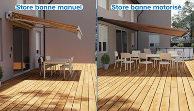image montrant store banne manuel à gauche et store banne motorisé à droite