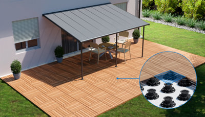 Illustration d'une terrasse en dalles bois posées sur des plots PVC