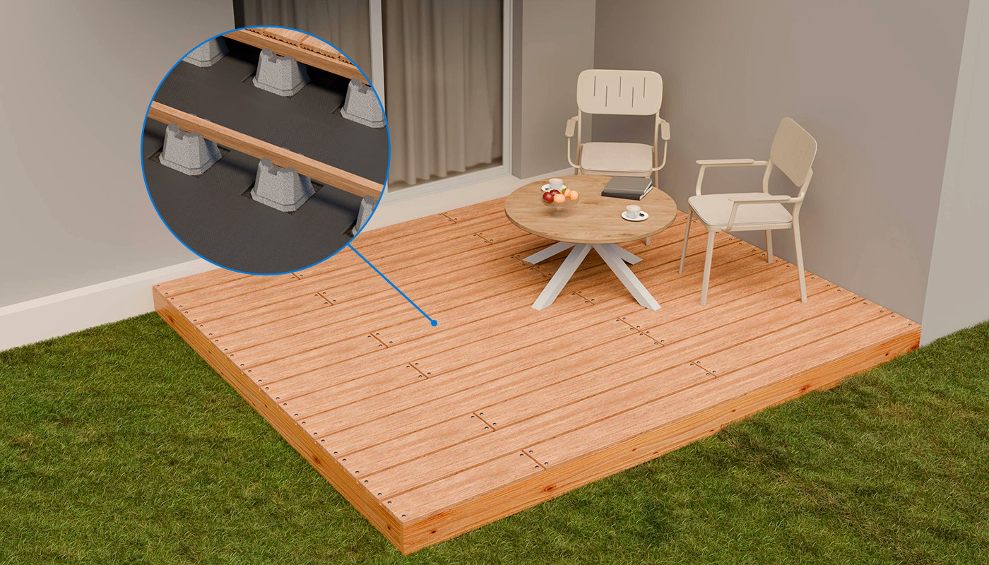 Image d'une terrasse en bois posée sur plots béton