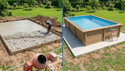 Illustration des 2 étapes de préparation d'une piscine hors sol