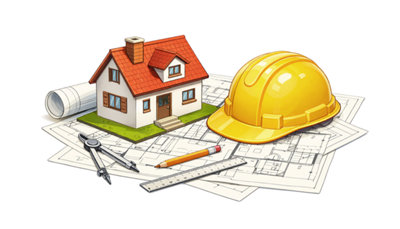 Un logo de maison sur un plan et un casque de chantier