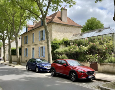 Une maison donnant sur une rue avec une serre dans le jardin visible de la rue
