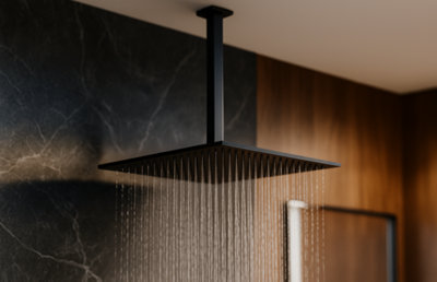 Gros plan sur un pommeau de douche encastré