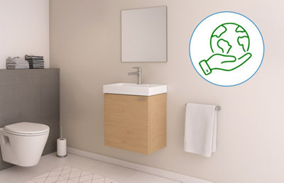 meuble lavabo suspendu bois avec toilette et logo respectueux environnement