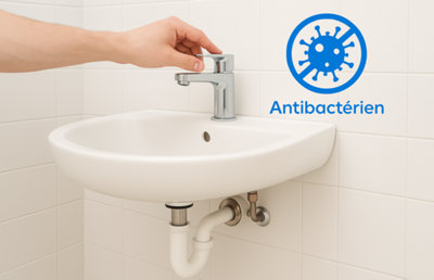 Personne touchant robinet lave-mains logo barré antibactérien
