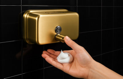 Distributeur savon doré au mur