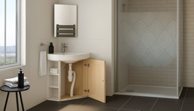 lavabo meuble bois ouvert sur tuyaux