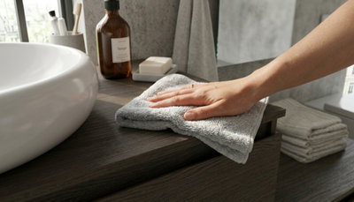 Passage d'un chiffon sur le plan de toilette