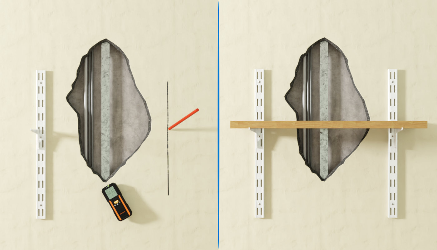Schéma fixation crémaillière avec un trou dans le mur au milieu