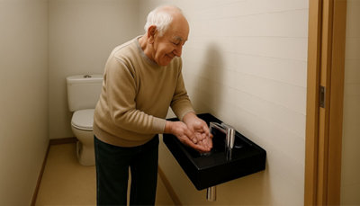 Une personne agée utilise un lave-mains dans un WC