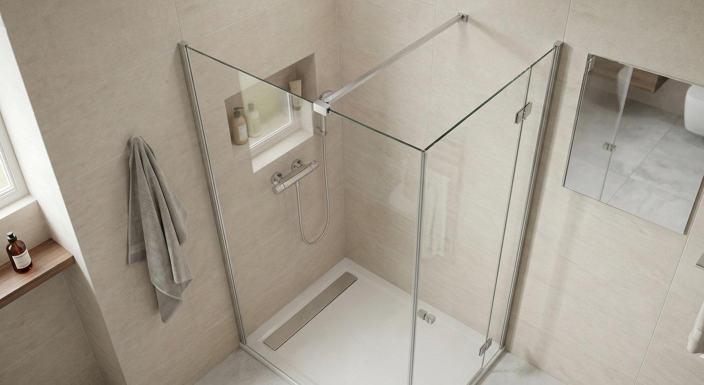 Une porte et une paroi de douche dans une salle de douche