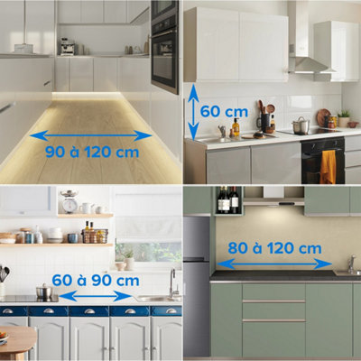 Schéma de 4 cuisine et les distances idéales entre les différents éléments