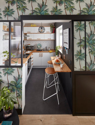 petite cuisine blanche, bois et verdure