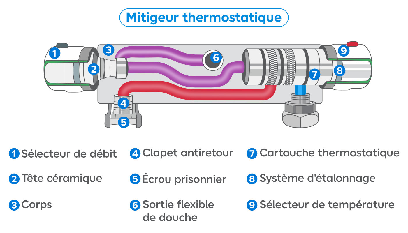 Schéma d'un mitigeur thermostatique avec numéros indicatifs expliquant les composants