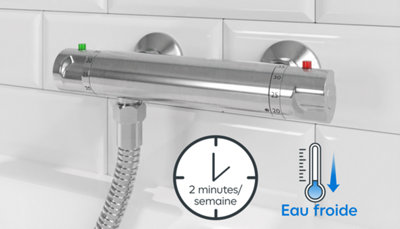 mitigeur avec molette positionnée sur eau froide et horloge montrant 2 minutes/semaine