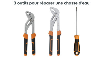 3 outils, pinces et tournevis, pour réparer une chasse d'eau