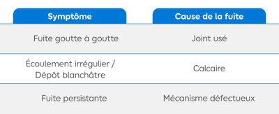 Tableau des principaux symptômes des eobinets qui fuient