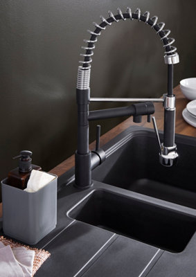 Mitigeur haut noir arrondi inox cuisine avec douchette