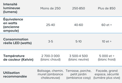 Tableau détaillé sur les lumens