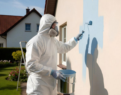 Un homme équipé de vêtements de protection peint la façade d'une maison