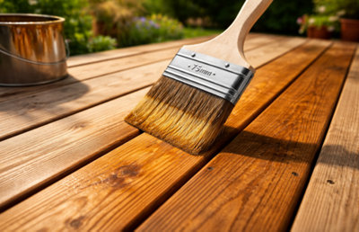 Passage d"une couche de saturateur sur une table de jardin en bois