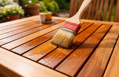 Passage d"une couche de lasure sur une table de jardin en bois