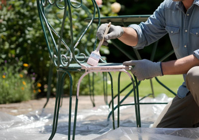 Un homme repeint des chaises en fer