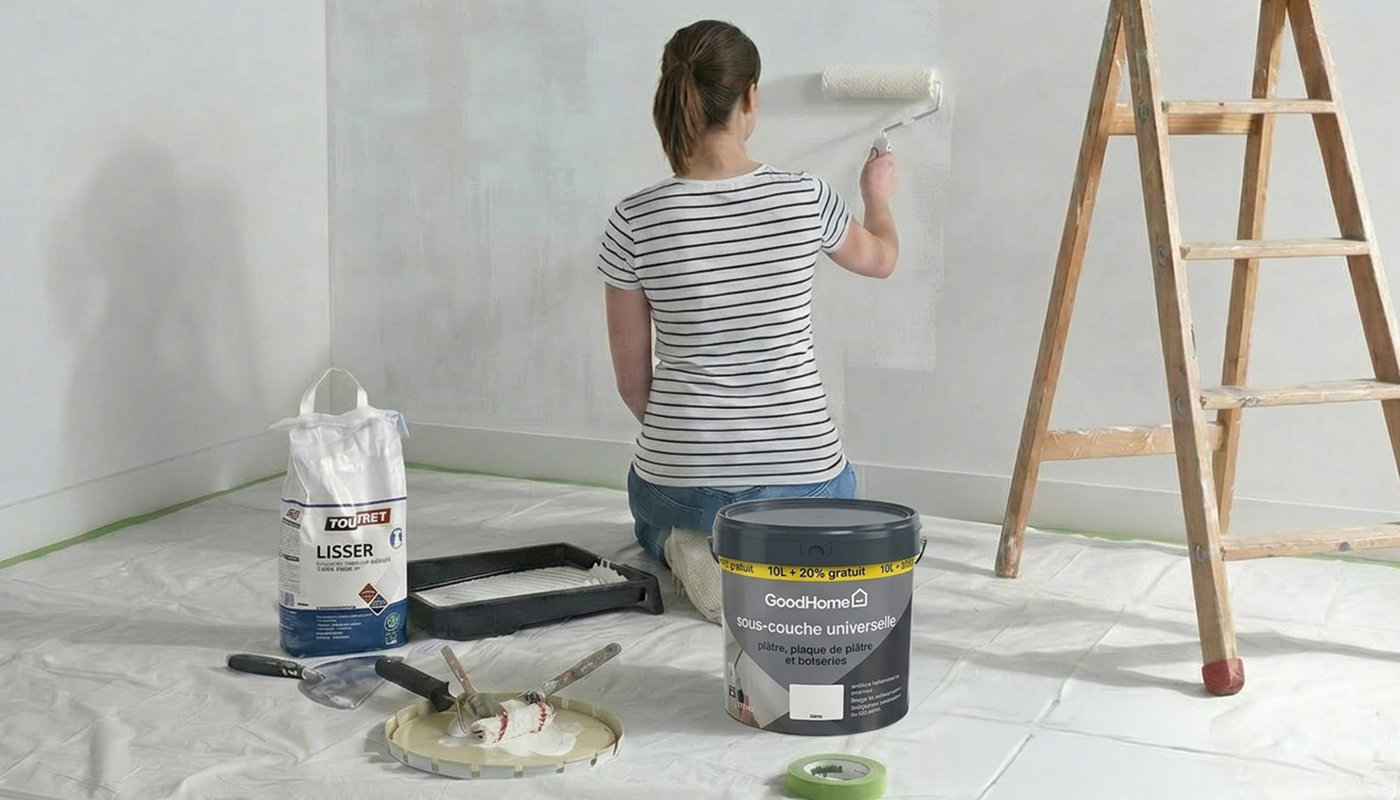 Une femme sur un chantier de peinture passe une sous-couche sur le mur