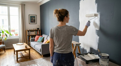 Une femme pose une sous couche sur un mur