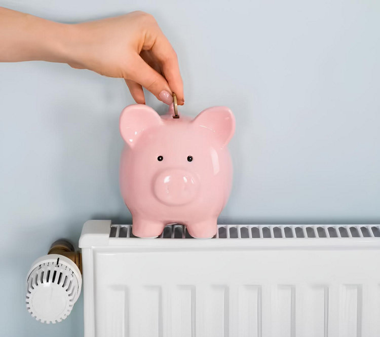 Un cochon tirelire sur un radiateur pour représenter les économies d'énergie