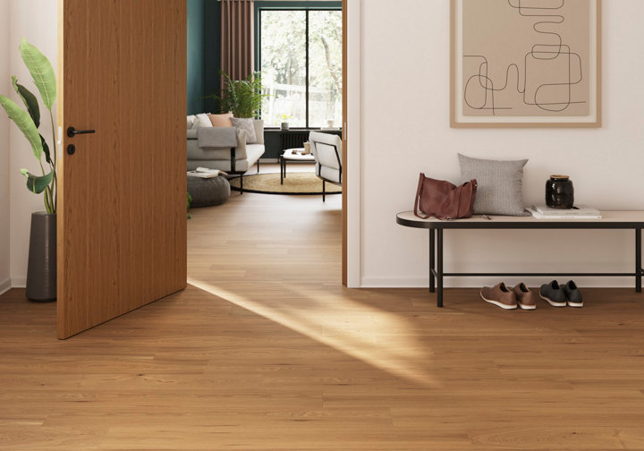 Un parquet dans une entrée qui continu dans le salon