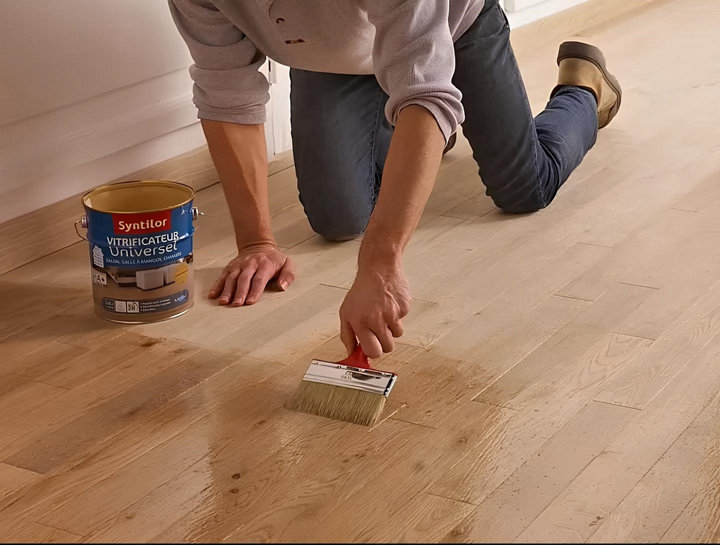 Un homme qui entretient son parquet avec un vitrificateur