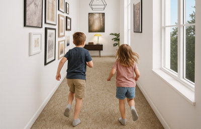 Enfants courant dans couloir avce moquette beige