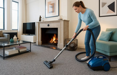 personne passant aspirateur sur moquette salon
