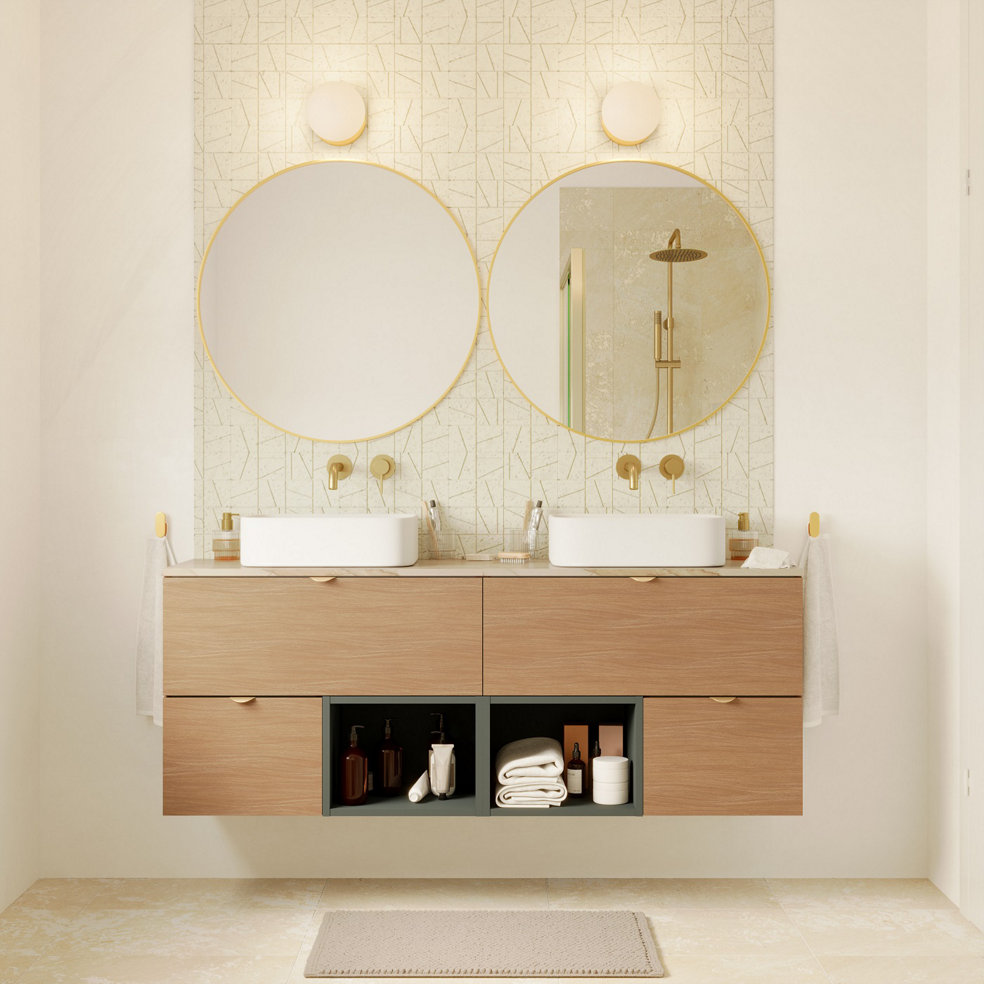 meuble double vasque bois clair et 2 miroirs rond dorés