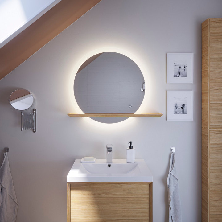 Miroir rond lumineux au dessus meuble vasque salle de bain