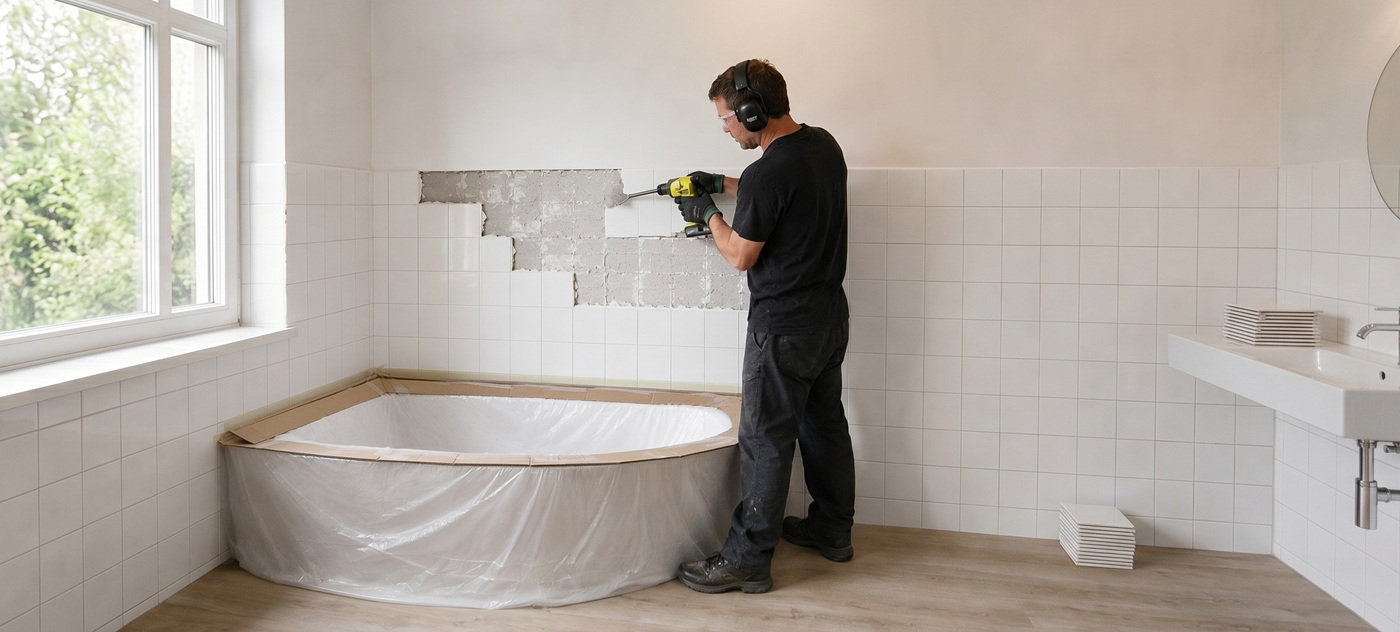 Un  homme est en train de retirer le carrelage au dessus d'une baignoire dans une grande salle de bains