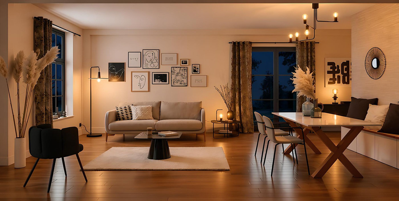 Salon moderne et chaleureux avec éclairage tamisé, canapé beige, coin repas élégant et décoration murale au style contemporain et cosy.