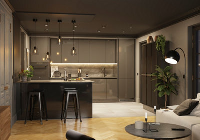 Cuisine moderne et salon cosy dans  avec éclairage chaleureux et finitions élégantes.