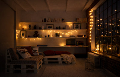 Découvrez ce salon chaleureux et cosy avec canapé en palettes, étagères murales et guirlandes lumineuses. Idées déco cocooning pour l'hiver.