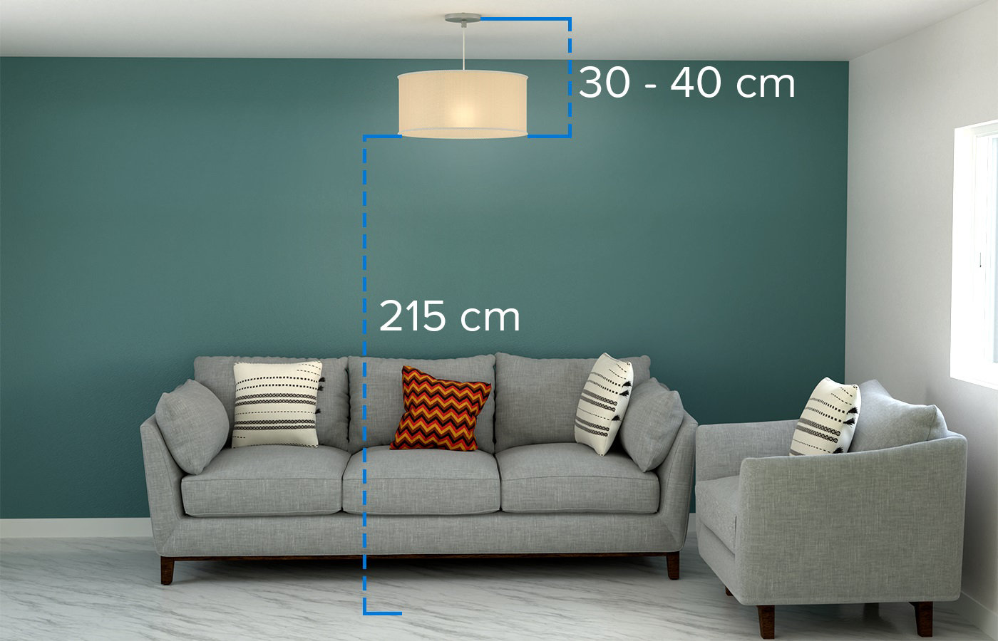 Schéma dans un salon des dimensions pour l'emplacement du luminaire.