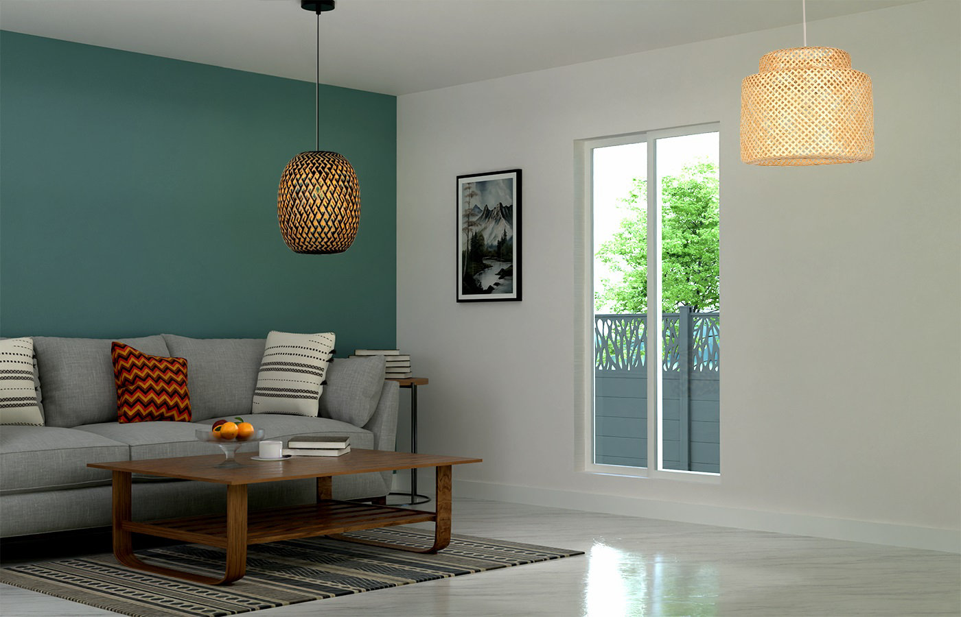 Salon avec 2 luminaires bambou suspendu.