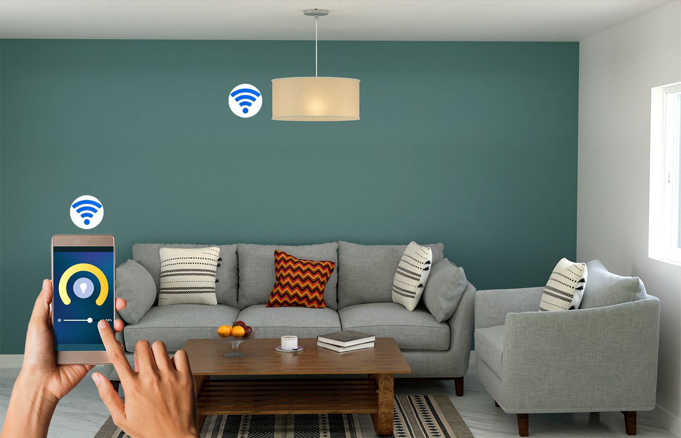 Salon avec luminaire connecté commandé par wifi avec téléphone