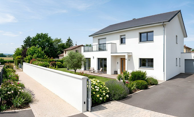 Exemple de maison française avec mur d'enceinte repeinte