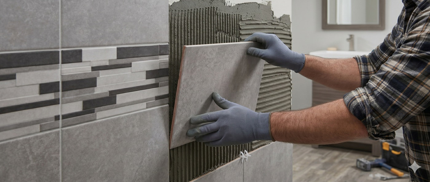Un homme pose du carrelage sur le mur d'une salle de bains