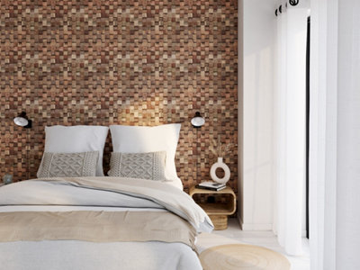 Mur d'une chambre décoré de plaquettes aspect bois