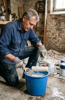 Un homme nettoyant ses outils de peinture